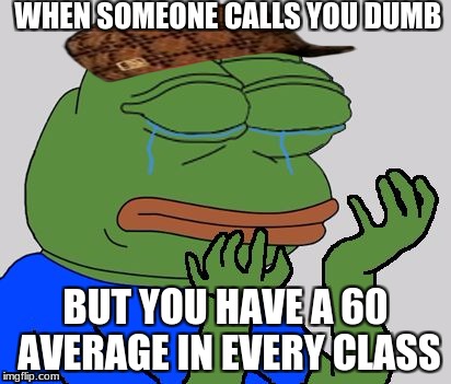 Sad Pepe the Frog | WHEN SOMEONE CALLS YOU DUMB; BUT YOU HAVE A 60 AVERAGE IN EVERY CLASS | image tagged in sad pepe the frog,scumbag | made w/ Imgflip meme maker