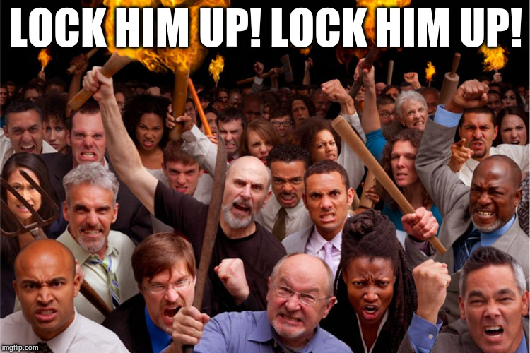 pitchforks torches rolling pin angry crowd | LOCK HIM UP! LOCK HIM UP! | image tagged in pitchforks torches rolling pin angry crowd | made w/ Imgflip meme maker