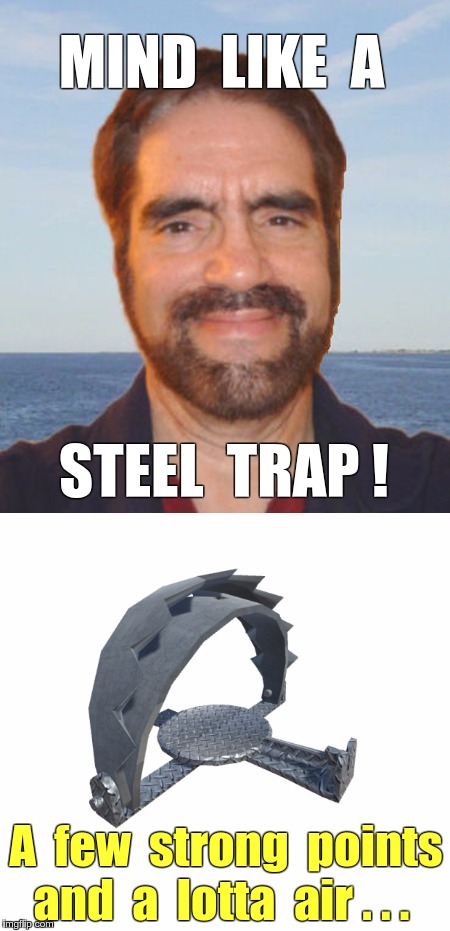 Mind Like a STEEL TRAP! | MIND  LIKE  A; STEEL  TRAP ! A  few  strong  points  and  a  lotta  air . . . | image tagged in memes,portrait,smart guy,old guy,forgetful old man | made w/ Imgflip meme maker