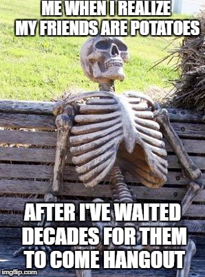 Waiting Skeleton Meme | ME WHEN I REALIZE MY FRIENDS ARE POTATOES; AFTER I'VE WAITED DECADES FOR THEM TO COME HANGOUT | image tagged in memes,waiting skeleton | made w/ Imgflip meme maker