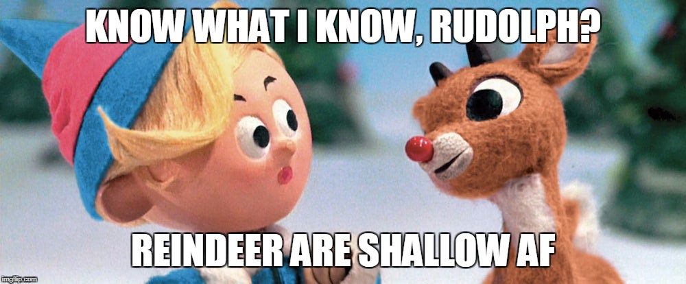 Rudolph the Red Nosed Reindeer is a terrible song and apparently reindeer are, too | KNOW WHAT I KNOW, RUDOLPH? REINDEER ARE SHALLOW AF | image tagged in rudolph,merry christmas,elves,shallow af,funny memes,reindeer | made w/ Imgflip meme maker