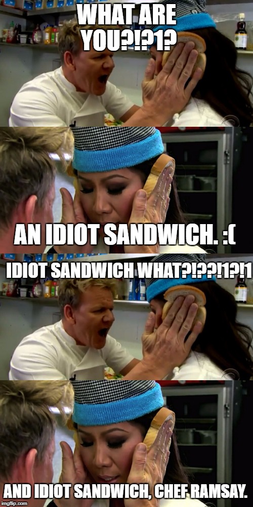 Idiot Sandwich | WHAT ARE YOU?!?1? AN IDIOT SANDWICH. :(; IDIOT SANDWICH WHAT?!??!1?!1; AND IDIOT SANDWICH, CHEF RAMSAY. | image tagged in chef gordon ramsay,angry chef gordon ramsay,idiot sandwich | made w/ Imgflip meme maker
