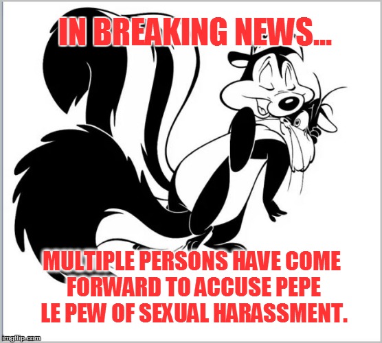 Skunkual harassment | IN BREAKING NEWS... MULTIPLE PERSONS HAVE COME FORWARD TO ACCUSE PEPE LE PEW OF SEXUAL HARASSMENT. | image tagged in skunk | made w/ Imgflip meme maker