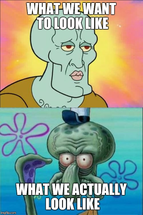 Squidward Meme | WHAT WE WANT TO LOOK LIKE; WHAT WE ACTUALLY LOOK LIKE | image tagged in memes,squidward | made w/ Imgflip meme maker