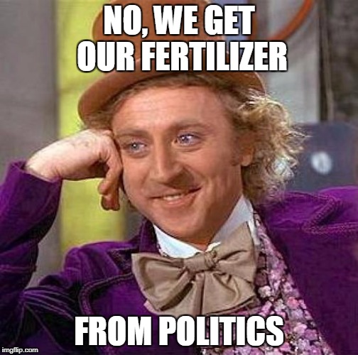 Creepy Condescending Wonka Meme | NO, WE GET OUR FERTILIZER FROM POLITICS | image tagged in memes,creepy condescending wonka | made w/ Imgflip meme maker