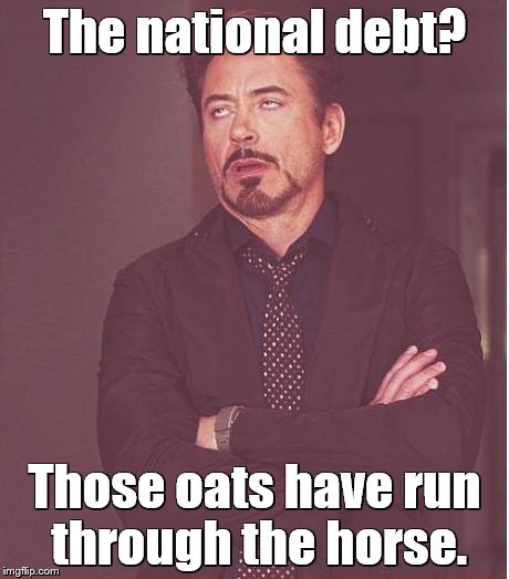 Face You Make Robert Downey Jr Meme | The national debt? Those oats have run through the horse. | image tagged in memes,face you make robert downey jr | made w/ Imgflip meme maker