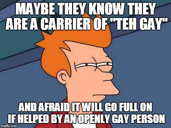 Futurama Fry Meme | MAYBE THEY KNOW THEY ARE A CARRIER OF "TEH GAY" AND AFRAID IT WILL GO FULL ON IF HELPED BY AN OPENLY GAY PERSON | image tagged in memes,futurama fry | made w/ Imgflip meme maker