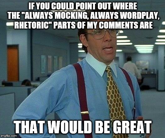That Would Be Great Meme | IF YOU COULD POINT OUT WHERE THE "ALWAYS MOCKING, ALWAYS WORDPLAY, RHETORIC" PARTS OF MY COMMENTS ARE THAT WOULD BE GREAT | image tagged in memes,that would be great | made w/ Imgflip meme maker