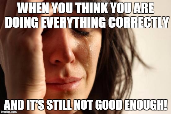 First World Problems | WHEN YOU THINK YOU ARE DOING EVERYTHING CORRECTLY; AND IT'S STILL NOT GOOD ENOUGH! | image tagged in memes,first world problems | made w/ Imgflip meme maker