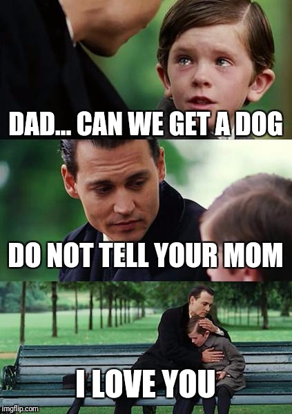 Finding Neverland Meme | DAD... CAN WE GET A DOG; DO NOT TELL YOUR MOM; I LOVE YOU | image tagged in memes,finding neverland | made w/ Imgflip meme maker