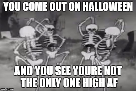 everybody loves beiing high on halloween lmao | YOU COME OUT ON HALLOWEEN; AND YOU SEE YOURE NOT THE ONLY ONE HIGH AF | image tagged in memes,too damn high,spooky scary skeleton | made w/ Imgflip meme maker