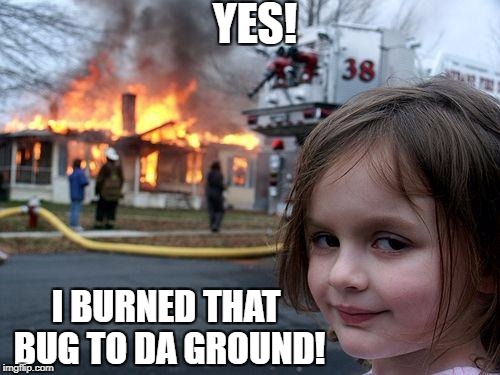 Disaster Girl | YES! I BURNED THAT BUG TO DA GROUND! | image tagged in memes,disaster girl | made w/ Imgflip meme maker