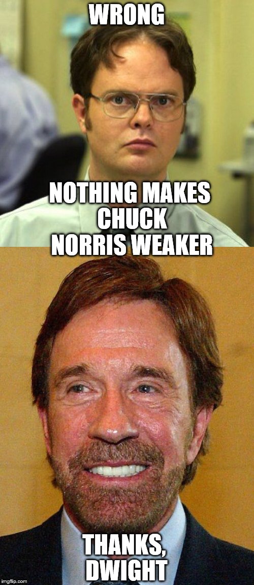 WRONG THANKS, DWIGHT NOTHING MAKES CHUCK NORRIS WEAKER | made w/ Imgflip meme maker