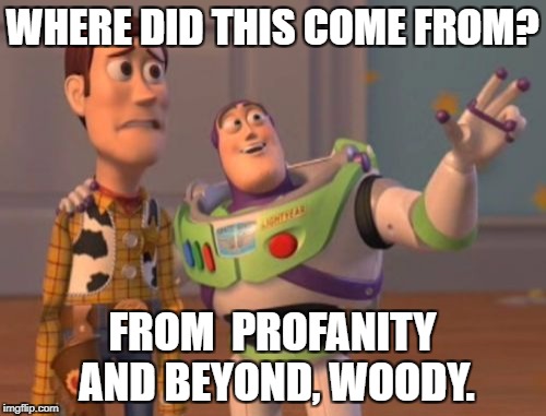 X, X Everywhere Meme | WHERE DID THIS COME FROM? FROM  PROFANITY AND BEYOND, WOODY. | image tagged in memes,x x everywhere | made w/ Imgflip meme maker