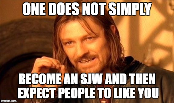 One Does Not Simply | ONE DOES NOT SIMPLY; BECOME AN SJW AND THEN EXPECT PEOPLE TO LIKE YOU | image tagged in memes,one does not simply | made w/ Imgflip meme maker