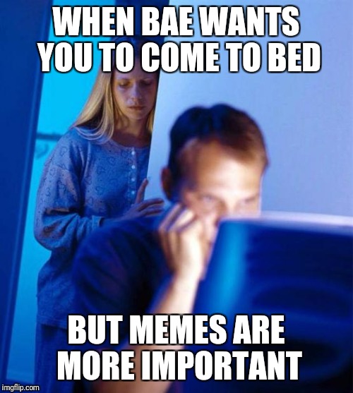 Redditor's Wife | WHEN BAE WANTS YOU TO COME TO BED; BUT MEMES ARE MORE IMPORTANT | image tagged in memes,redditors wife | made w/ Imgflip meme maker
