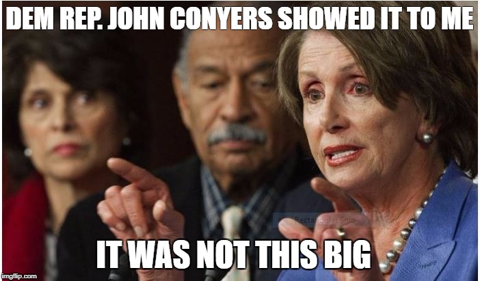 pelosi | DEM REP. JOHN CONYERS SHOWED IT TO ME; IT WAS NOT THIS BIG | image tagged in pelosi | made w/ Imgflip meme maker