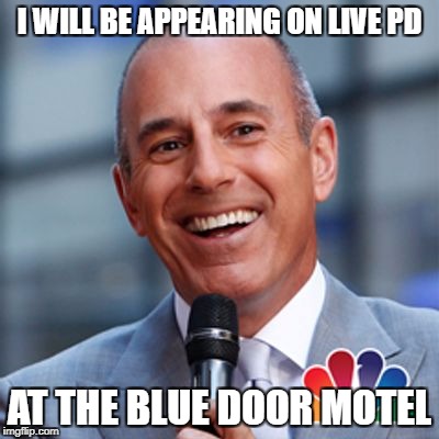 Matt Lauer | I WILL BE APPEARING ON LIVE PD; AT THE BLUE DOOR MOTEL | image tagged in matt lauer | made w/ Imgflip meme maker