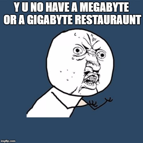 Y U No Meme | Y U NO HAVE A MEGABYTE OR A GIGABYTE RESTAURAUNT | image tagged in memes,y u no | made w/ Imgflip meme maker