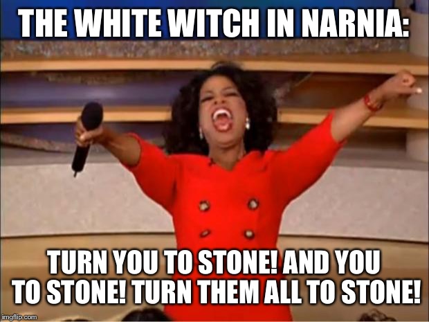 Oprah You Get A | THE WHITE WITCH IN NARNIA:; TURN YOU TO STONE! AND YOU TO STONE! TURN THEM ALL TO STONE! | image tagged in memes,oprah you get a | made w/ Imgflip meme maker