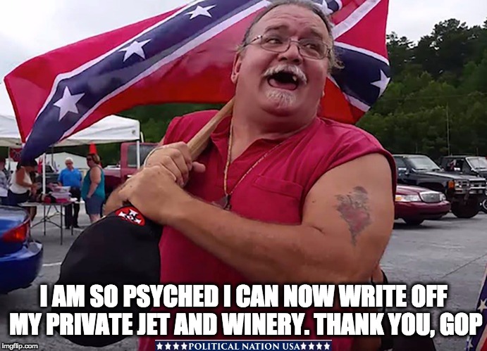  I AM SO PSYCHED I CAN NOW WRITE OFF MY PRIVATE JET AND WINERY. THANK YOU, GOP | image tagged in dump trump,dumptrump,dump the trump,nevertrump,never trump,nevertrump meme | made w/ Imgflip meme maker