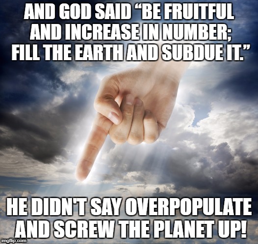 God Games | AND GOD SAID “BE FRUITFUL AND INCREASE IN NUMBER; FILL THE EARTH AND SUBDUE IT.”; HE DIDN'T SAY OVERPOPULATE AND SCREW THE PLANET UP! | image tagged in god,religion,environment,overpopulation,multiplier | made w/ Imgflip meme maker