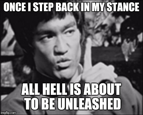 One Bruce Lee | ONCE I STEP BACK IN MY STANCE; ALL HELL IS ABOUT TO BE UNLEASHED | image tagged in one bruce lee | made w/ Imgflip meme maker