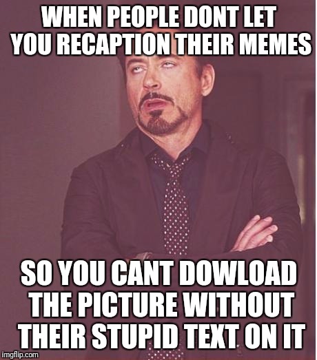 Face You Make Robert Downey Jr | WHEN PEOPLE DONT LET YOU RECAPTION THEIR MEMES; SO YOU CANT DOWLOAD THE PICTURE WITHOUT THEIR STUPID TEXT ON IT | image tagged in memes,face you make robert downey jr | made w/ Imgflip meme maker