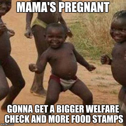 ''RETIRED LOL | MAMA'S PREGNANT; GONNA GET A BIGGER WELFARE CHECK AND MORE FOOD STAMPS | image tagged in memes,third world success kid,hpo loser | made w/ Imgflip meme maker