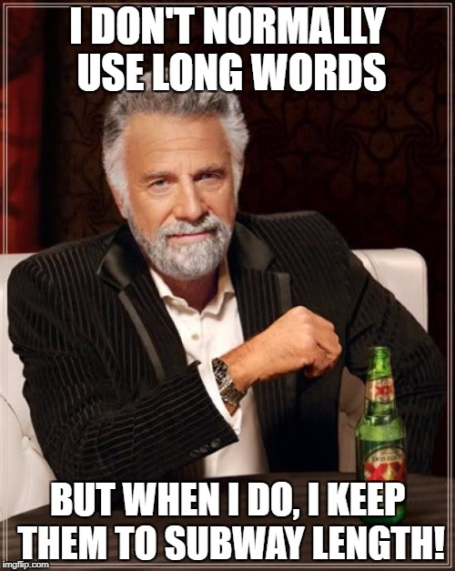 The Most Interesting Man In The World Meme | I DON'T NORMALLY USE LONG WORDS BUT WHEN I DO, I KEEP THEM TO SUBWAY LENGTH! | image tagged in memes,the most interesting man in the world | made w/ Imgflip meme maker