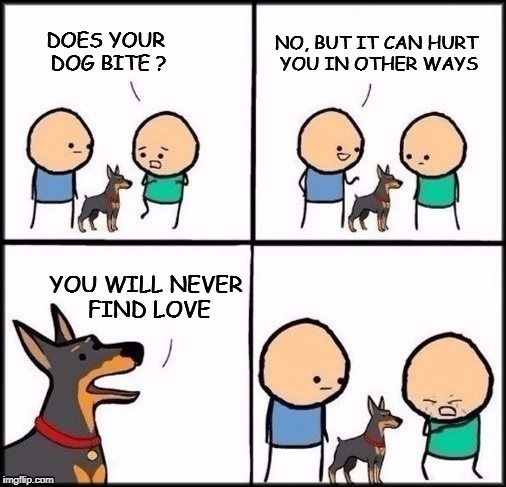 Just Freaking Ouch! | NO, BUT IT CAN HURT YOU IN OTHER WAYS; DOES YOUR DOG BITE ? YOU WILL NEVER FIND LOVE | image tagged in duz your dog bite,does he bite,hurt,love,holidays | made w/ Imgflip meme maker