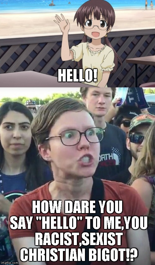 The Internet in 2017 | HELLO! HOW DARE YOU SAY "HELLO" TO ME,YOU RACIST,SEXIST CHRISTIAN BIGOT!? | image tagged in memes,triggered,2017,internet,powermetalhead,super_triggered | made w/ Imgflip meme maker