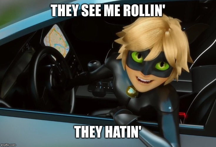 Cat Noir when he drives | THEY SEE ME ROLLIN'; THEY HATIN' | image tagged in memes | made w/ Imgflip meme maker