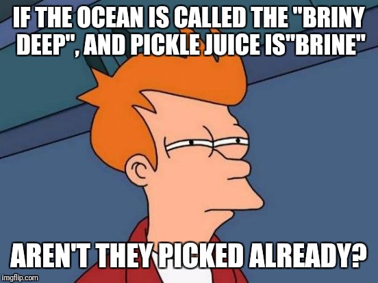 Futurama Fry Meme | IF THE OCEAN IS CALLED THE "BRINY DEEP", AND PICKLE JUICE IS"BRINE" AREN'T THEY PICKED ALREADY? | image tagged in memes,futurama fry | made w/ Imgflip meme maker