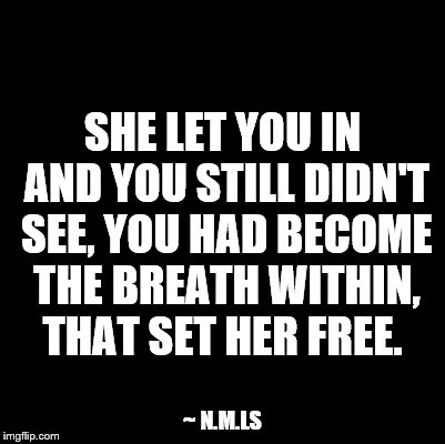 Blank | SHE LET YOU IN AND YOU STILL DIDN'T SEE, YOU HAD BECOME THE BREATH WITHIN, THAT SET HER FREE. ~ N.M.LS | image tagged in blank | made w/ Imgflip meme maker
