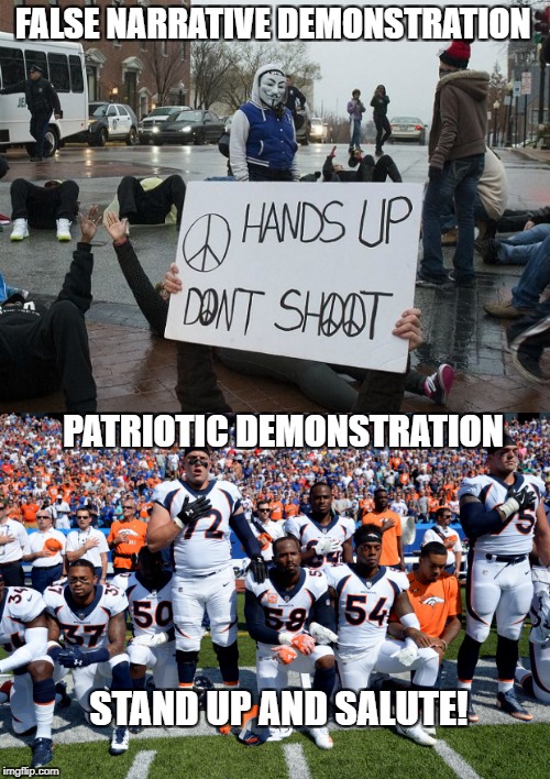NFL Protesters | FALSE NARRATIVE DEMONSTRATION; PATRIOTIC DEMONSTRATION; STAND UP AND SALUTE! | image tagged in protest | made w/ Imgflip meme maker