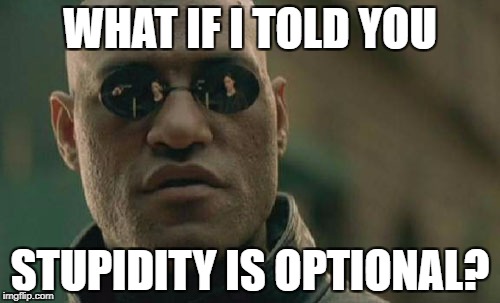 Matrix Morpheus Meme | WHAT IF I TOLD YOU STUPIDITY IS OPTIONAL? | image tagged in memes,matrix morpheus | made w/ Imgflip meme maker