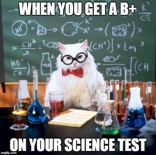 Chemistry Cat Meme | WHEN YOU GET A B+; ON YOUR SCIENCE TEST | image tagged in memes,chemistry cat | made w/ Imgflip meme maker