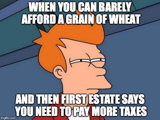 Futurama Fry Meme | WHEN YOU CAN BARELY AFFORD A GRAIN OF WHEAT; AND THEN FIRST ESTATE SAYS YOU NEED TO PAY MORE TAXES | image tagged in memes,futurama fry | made w/ Imgflip meme maker