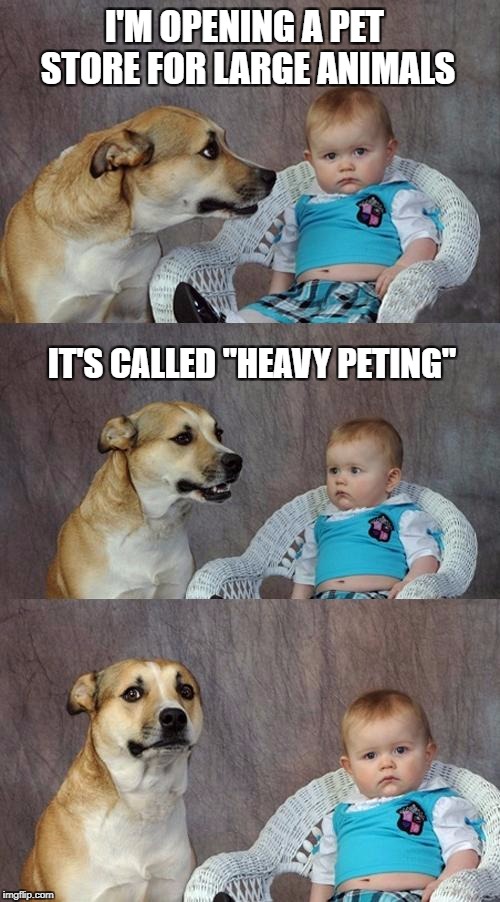 Dad Joke Dog Meme | I'M OPENING A PET STORE FOR LARGE ANIMALS; IT'S CALLED "HEAVY PETING" | image tagged in memes,dad joke dog | made w/ Imgflip meme maker