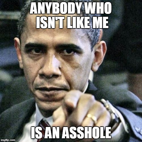 Pissed Off Obama | ANYBODY WHO ISN'T LIKE ME; IS AN ASSHOLE | image tagged in memes,pissed off obama,political hypocrisy,political logic,stupid politicians,political bias | made w/ Imgflip meme maker