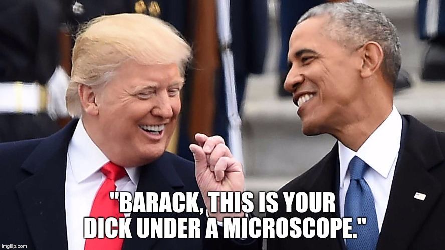 "BARACK, THIS IS YOUR DICK UNDER A MICROSCOPE." | image tagged in trump_obama | made w/ Imgflip meme maker