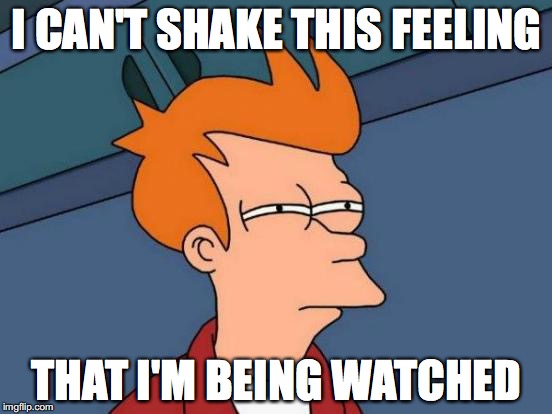 Futurama Fry | I CAN'T SHAKE THIS FEELING; THAT I'M BEING WATCHED | image tagged in memes,futurama fry | made w/ Imgflip meme maker