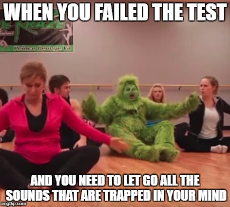WHEN YOU FAILED THE TEST; AND YOU NEED TO LET GO ALL THE SOUNDS THAT ARE TRAPPED IN YOUR MIND | image tagged in grinch,funny meme,meme,failing | made w/ Imgflip meme maker