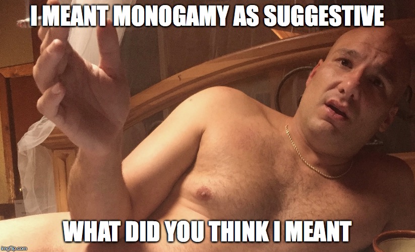 perplexed peyton | I MEANT MONOGAMY AS SUGGESTIVE; WHAT DID YOU THINK I MEANT | image tagged in perplexed peyton | made w/ Imgflip meme maker