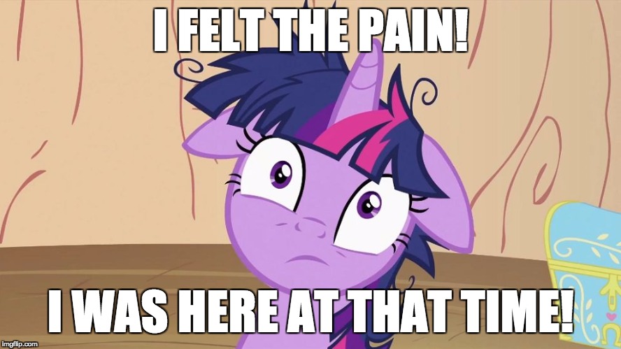 Messy Twilight Sparkle | I FELT THE PAIN! I WAS HERE AT THAT TIME! | image tagged in messy twilight sparkle | made w/ Imgflip meme maker