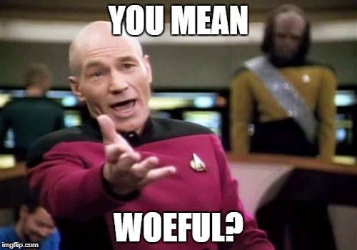 Picard Wtf Meme | YOU MEAN WOEFUL? | image tagged in memes,picard wtf | made w/ Imgflip meme maker