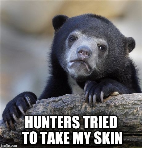 Confession Bear Meme | HUNTERS TRIED TO TAKE MY SKIN | image tagged in memes,confession bear | made w/ Imgflip meme maker