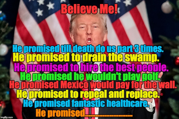 Believe! Why?  | Believe Me! He promised till death do us part 3 times. He promised to drain the swamp. He promised to hire the best people. He promised he wouldn't play golf. He promised Mexico would pay for the wall. He promised to repeal and replace. He promised fantastic healthcare. He promised........................... | image tagged in liar,'don the con',believe me | made w/ Imgflip meme maker