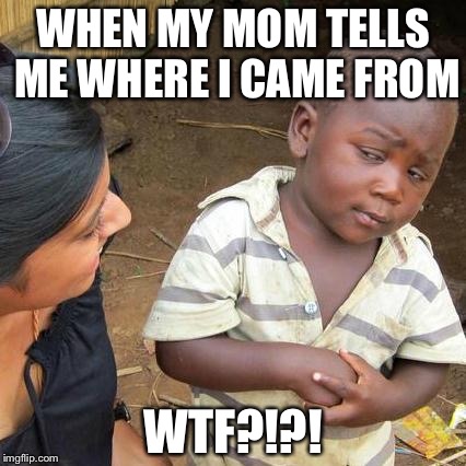 Third World Skeptical Kid Meme | WHEN MY MOM TELLS ME WHERE I CAME FROM; WTF?!?! | image tagged in memes,third world skeptical kid | made w/ Imgflip meme maker